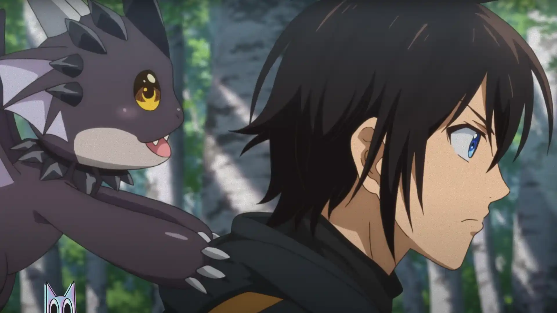 A protagonista Nema abraçando um tigre branco gigante, no pôster do anime A Gatherer's Adventure in Isekai.