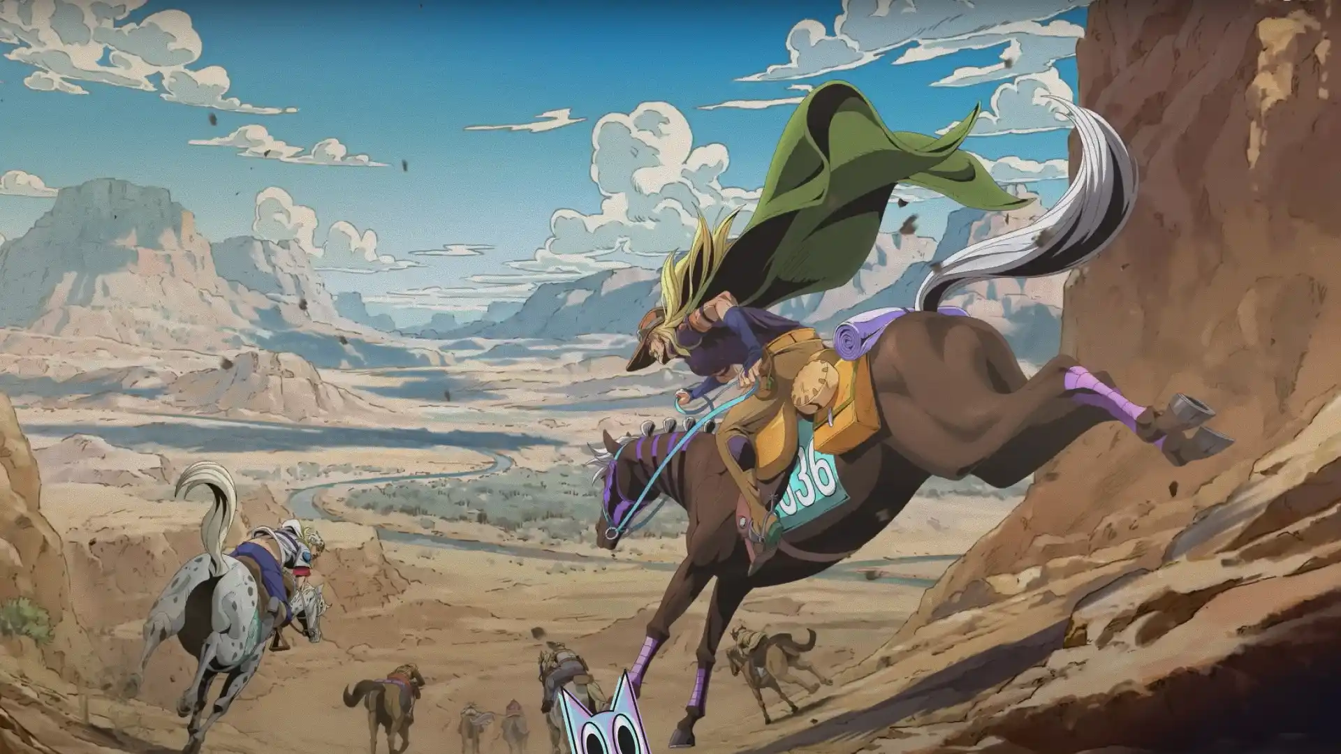 Johnny Joestar e Gyro Zeppeli em destaque no pôster de anúncio do anime de JoJo's Bizarre Adventure: Steel Ball Run.