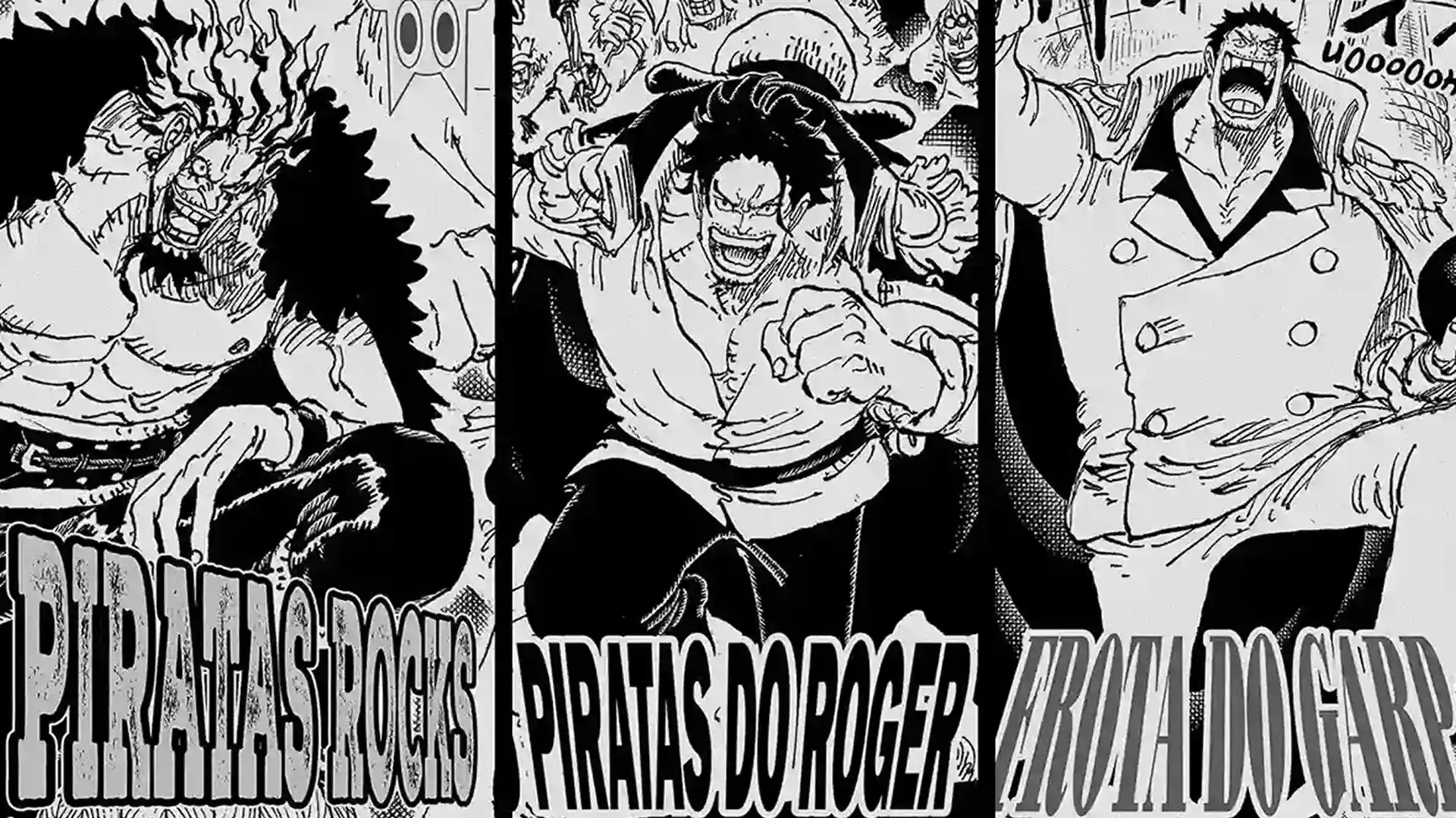 Imagem épica de Rocks, Roger e Garp convergindo para a ilha de God Valley, na análise do capítulo 1160 de One Piece.