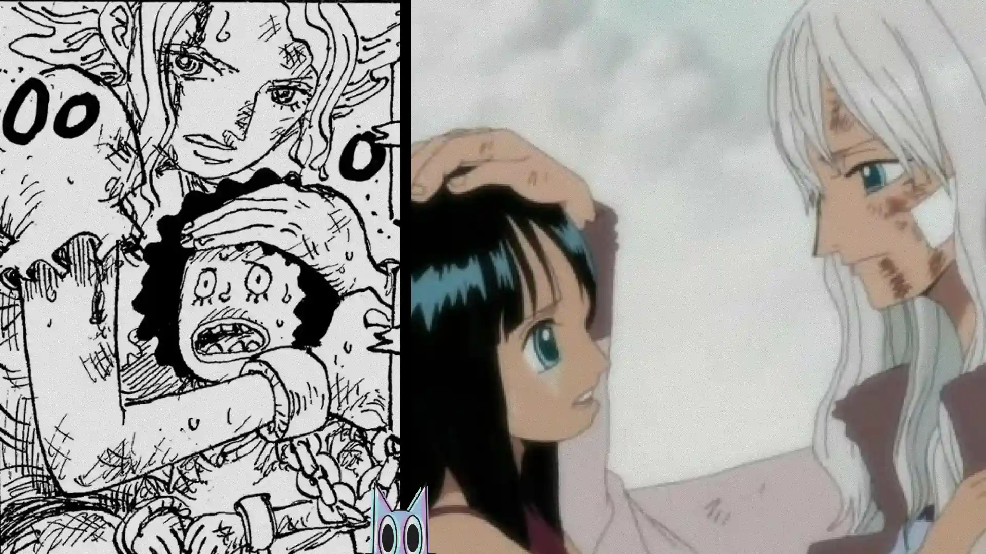Montagem com os rostos de Nico Robin e Marshall D. Teach (Barba Negra) divididos, com as suas mães, ilustrando a teoria de parentesco em One Piece.