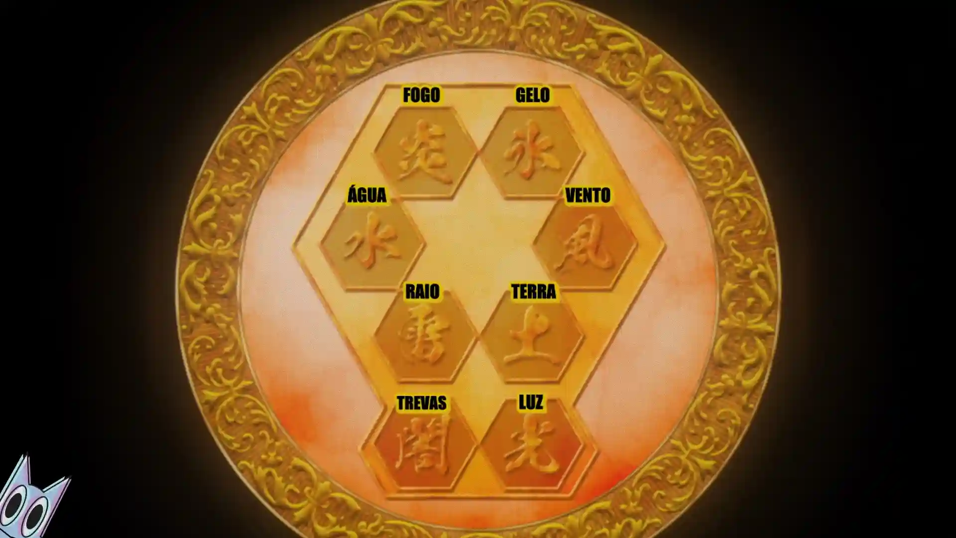 Oito emblemas representando os Filhos do Kishin, em um guia de lore de Tougen Anki.