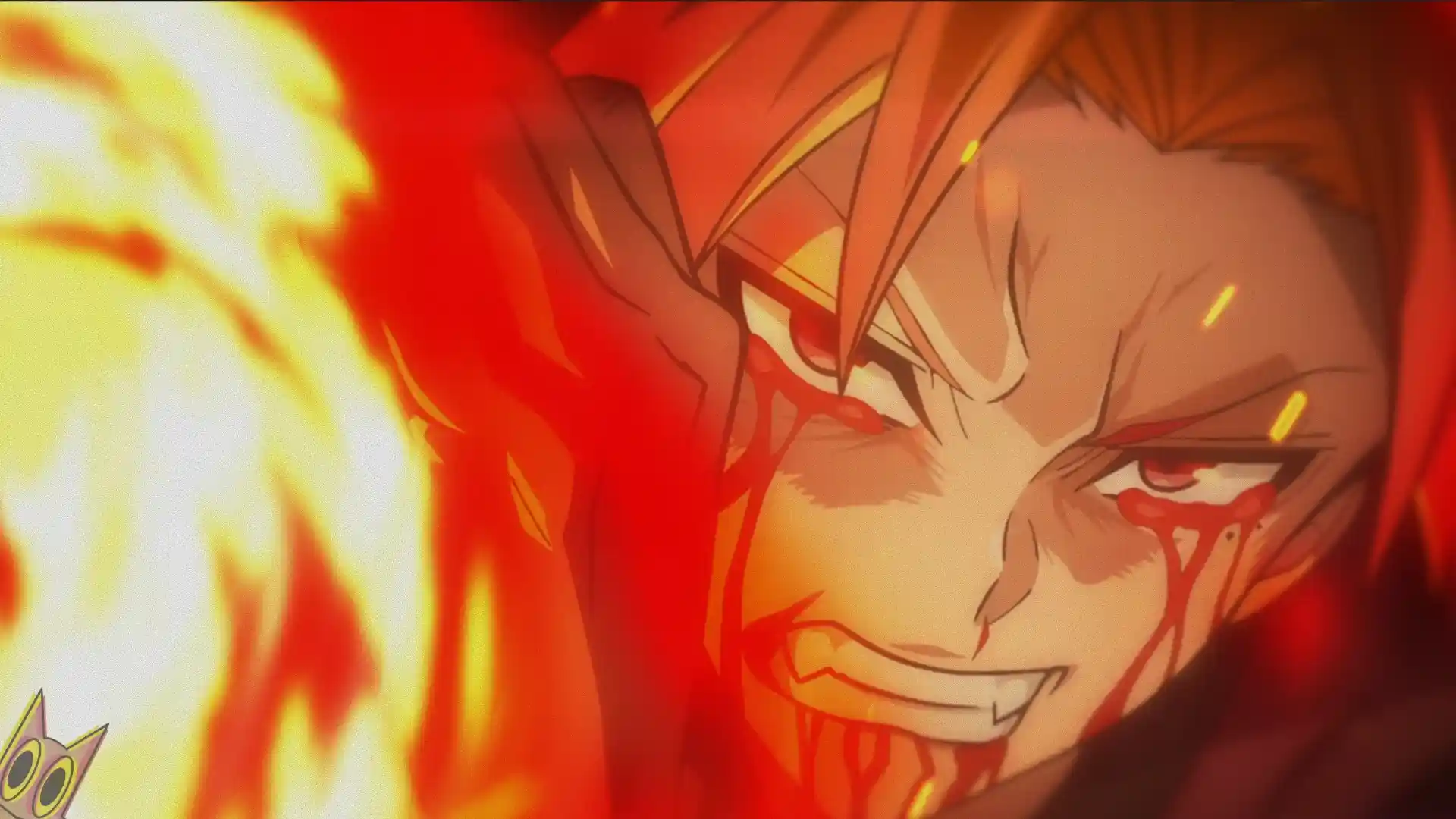 Shiki Ichinose com seus poderes de fogo, em um guia de lore de Tougen Anki.