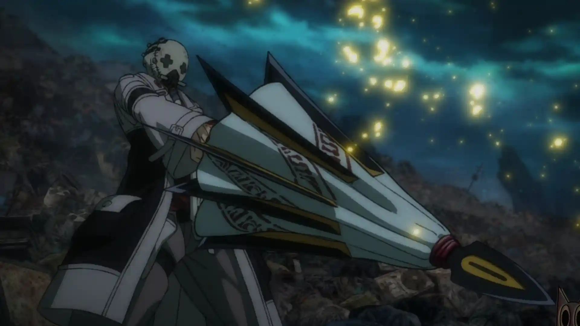 O Giver Enjin com seu guarda-chuva Umbreaker ativado, em um guia sobre o personagem de Gachiakuta.