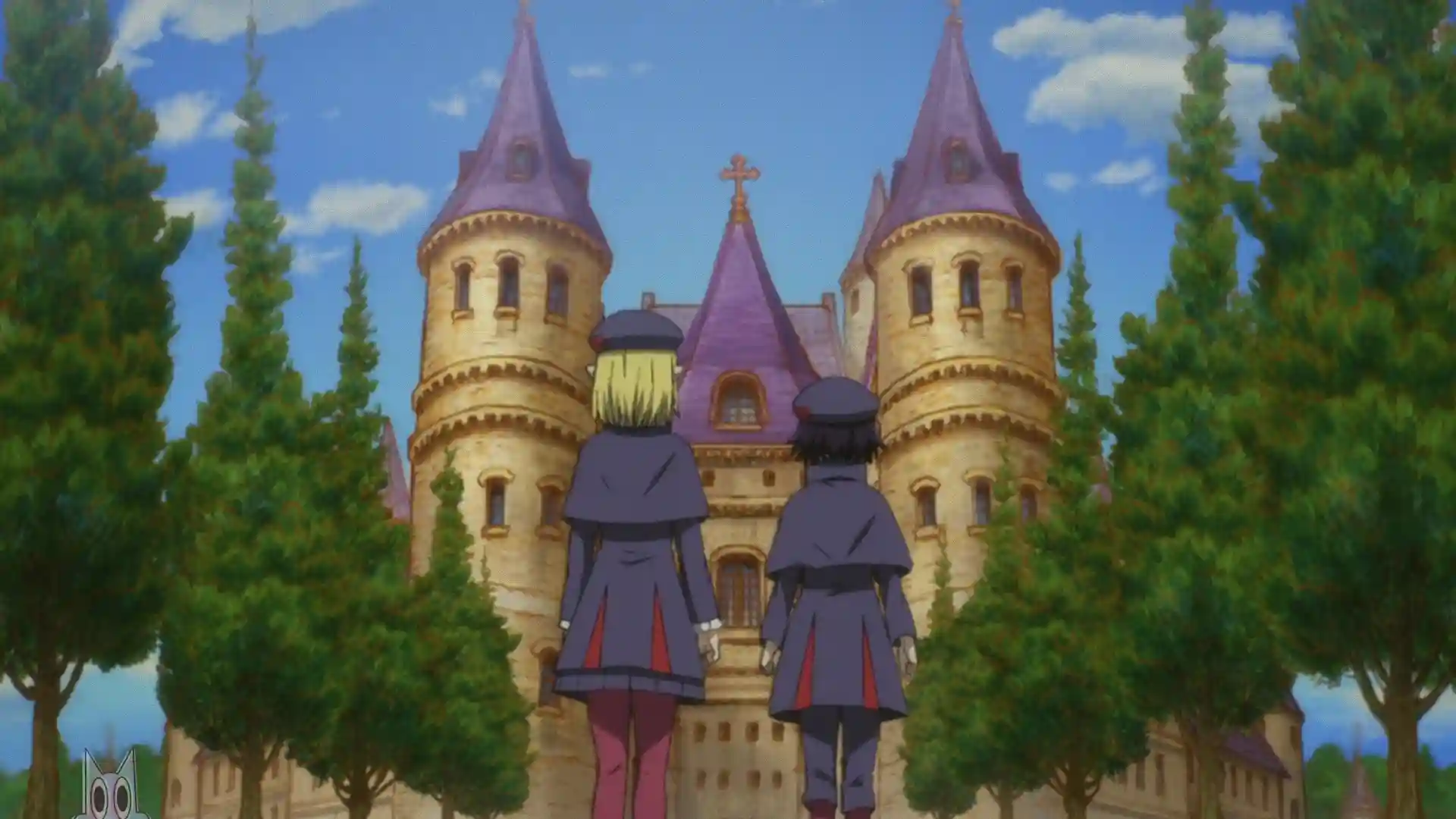 Clen e Alicia nos uniformes da academia, caminhando em direção a um castelo, na análise da cena pós-créditos de Clevatess.