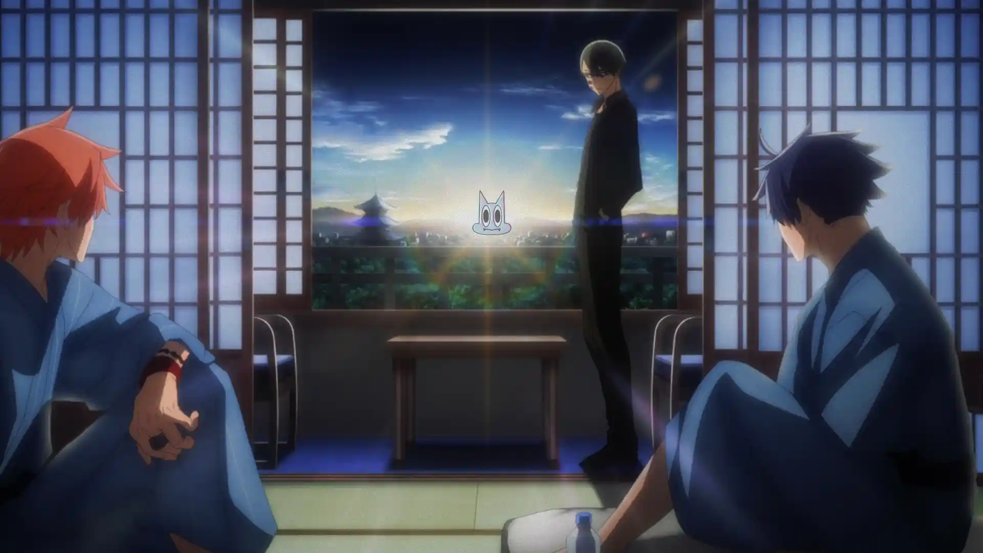 Shini, Naito e Kyoya, olhando pela janela, na análise do final da batalha de Kyoto no episódio 11 de Tougen Anki.