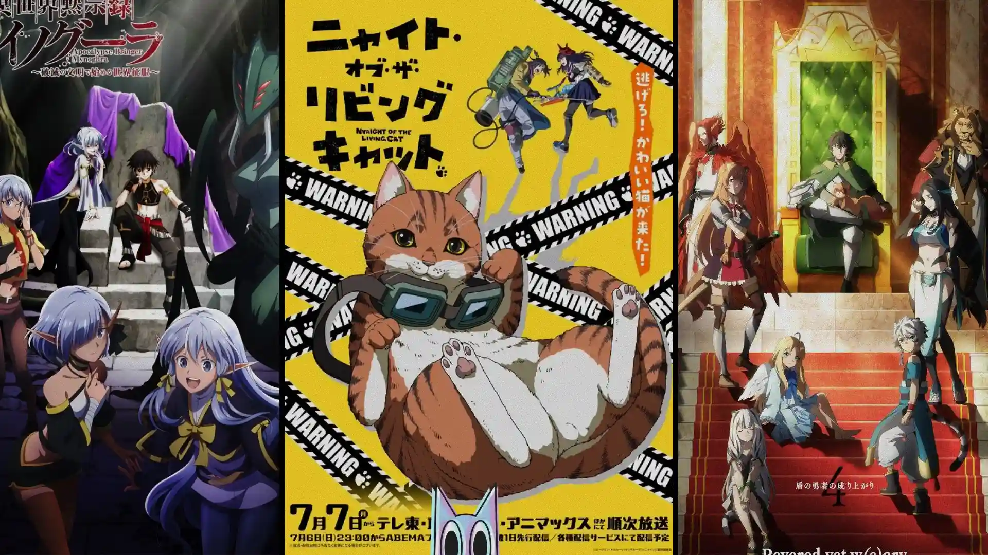 Montagem com os pôsteres dos 3 animes listados como as maiores decepções da temporada de Verão 2025.