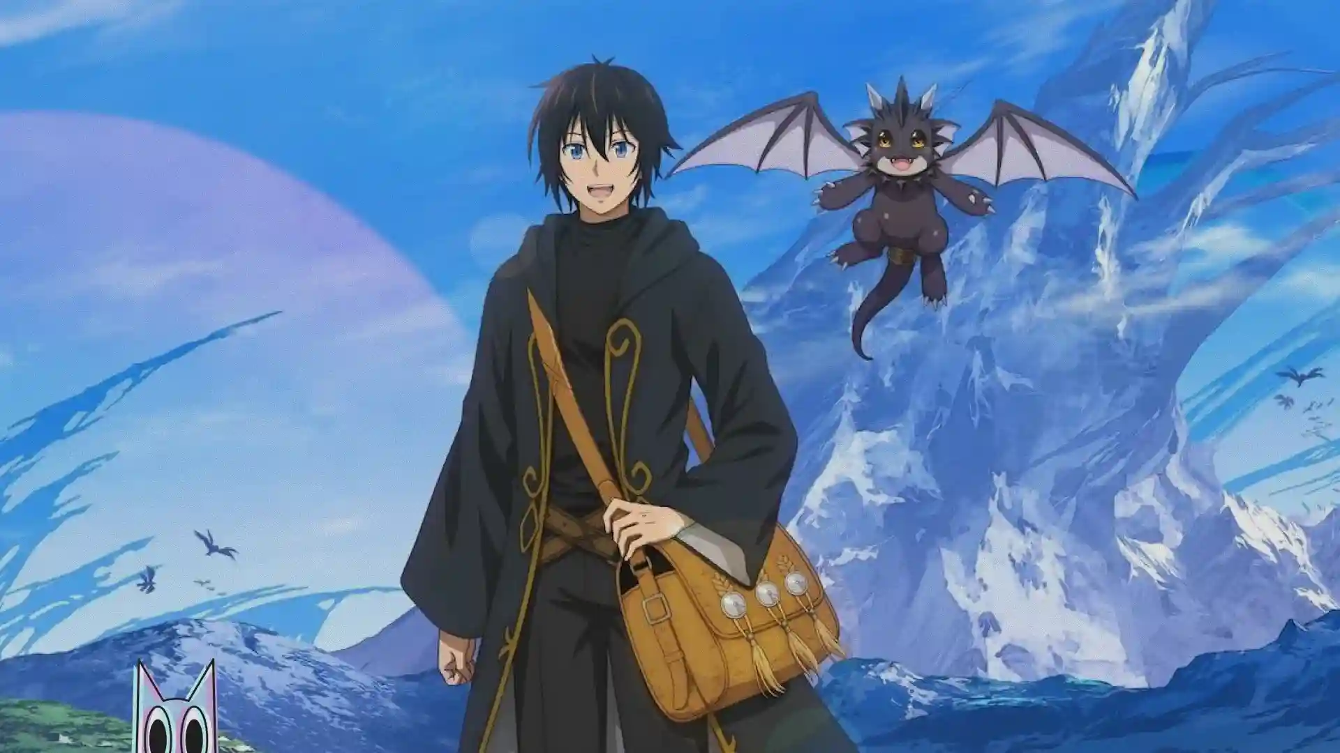 O protagonista Takeru com seu companheiro Bee em um cenário de fantasia, no guia do anime A Gatherer's Adventure in Isekai.