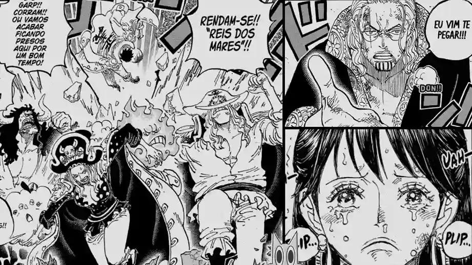 Rayleigh resgatando Shakky em God Valley, com Garp lutando contra os Piratas Rocks ao fundo, na análise do capítulo 1161 de One Piece.