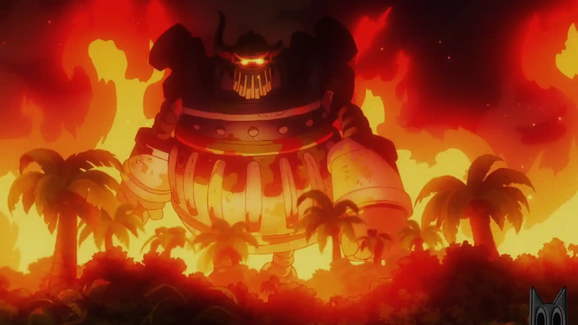 O Robô Ancestral despertando ao redor de chamas, na análise do episódio 1145 de One Piece.