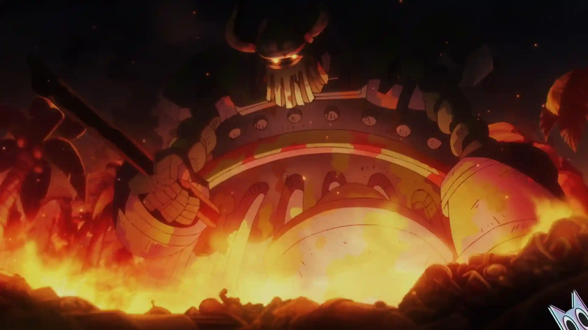 O Robô Ancestral Emet de One Piece se reativando em Egghead, com seus olhos brilhando, em um guia de lore.