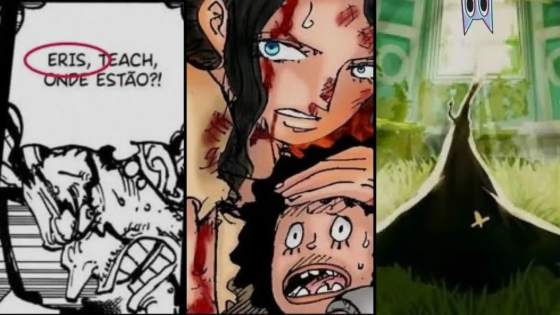 A silhueta de Imu sobreposta ao rosto da mãe de Barba Negra, com um jovem Teach chorando, ilustrando a chocante teoria de One Piece.