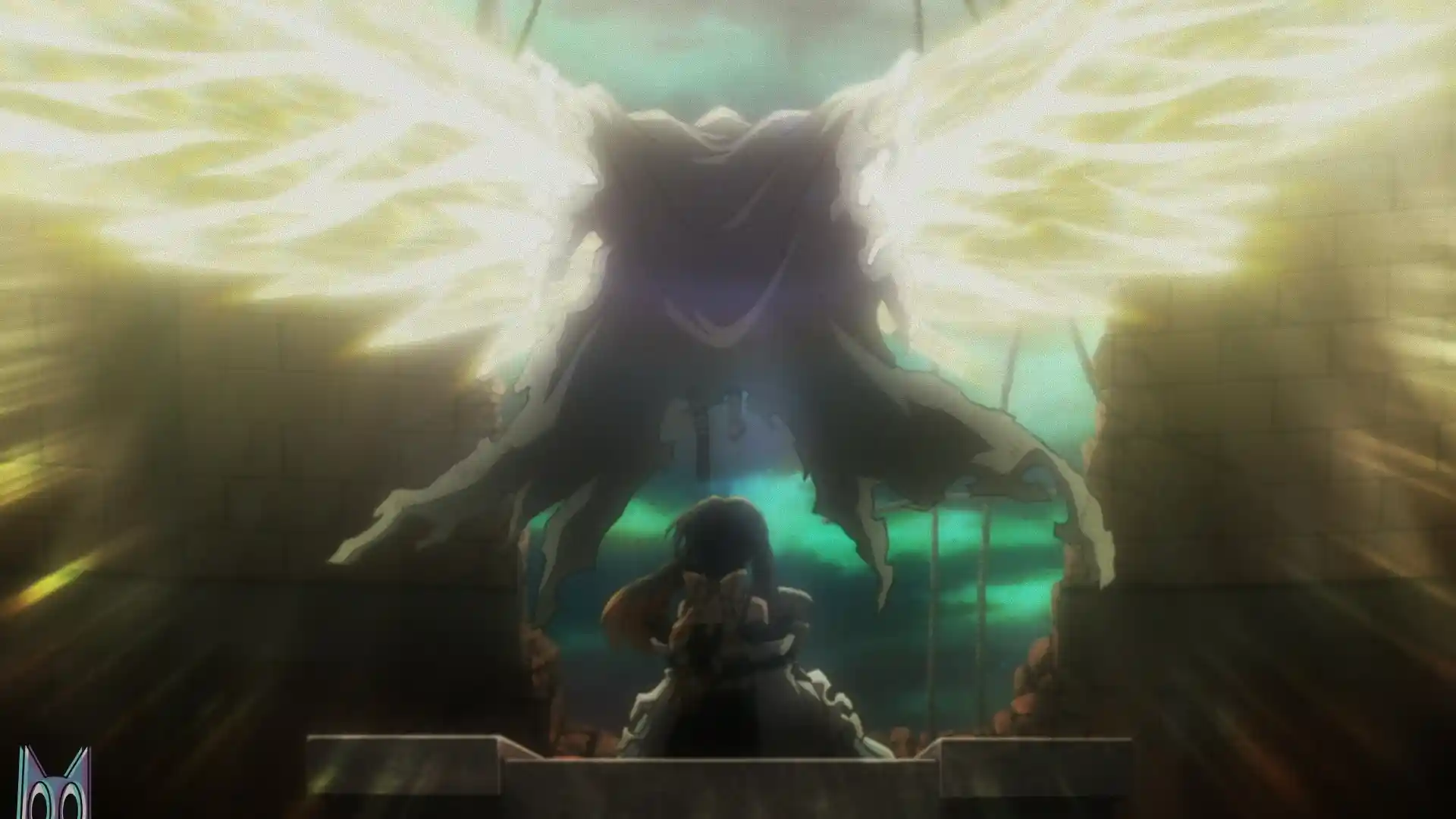 A jovem Amo em seu flashback traumático, com a sombra dos anjos mascarados ao fundo, na análise do episódio 13 de Gachiakuta.