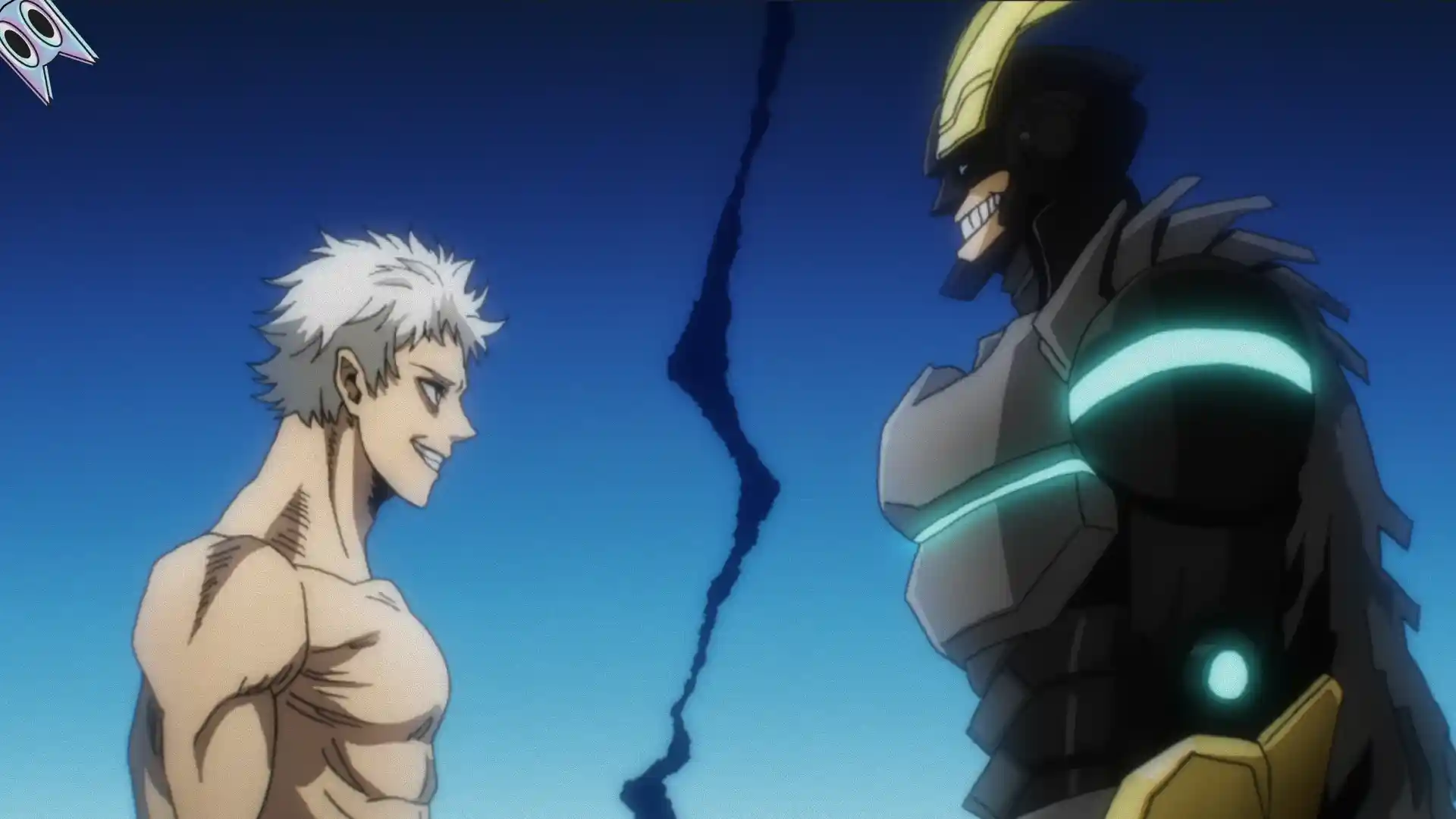 All Might em sua armadura de combate (Armored All Might) enfrentando All For One, na análise da estreia da 8ª temporada de My Hero Academia.