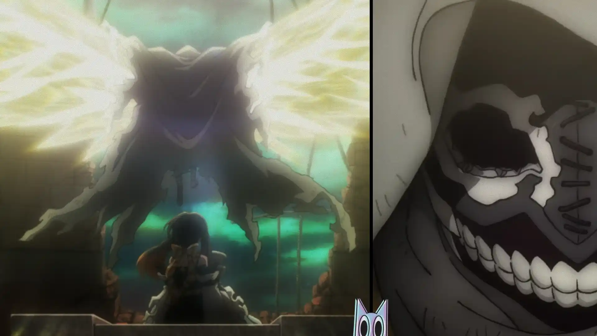 Uma montagem com o personagem mascarado e o anjo que Amo viu, em um guia de lore com spoilers.