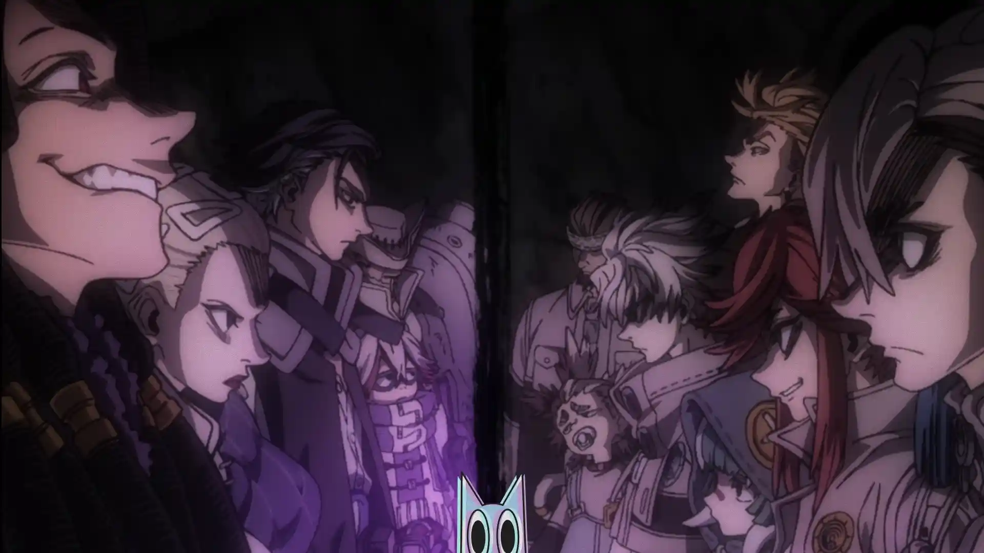 Os Zeladores e os Arruaceiros se encarando, prontos para a batalha, na análise do episódio 14 de Gachiakuta.