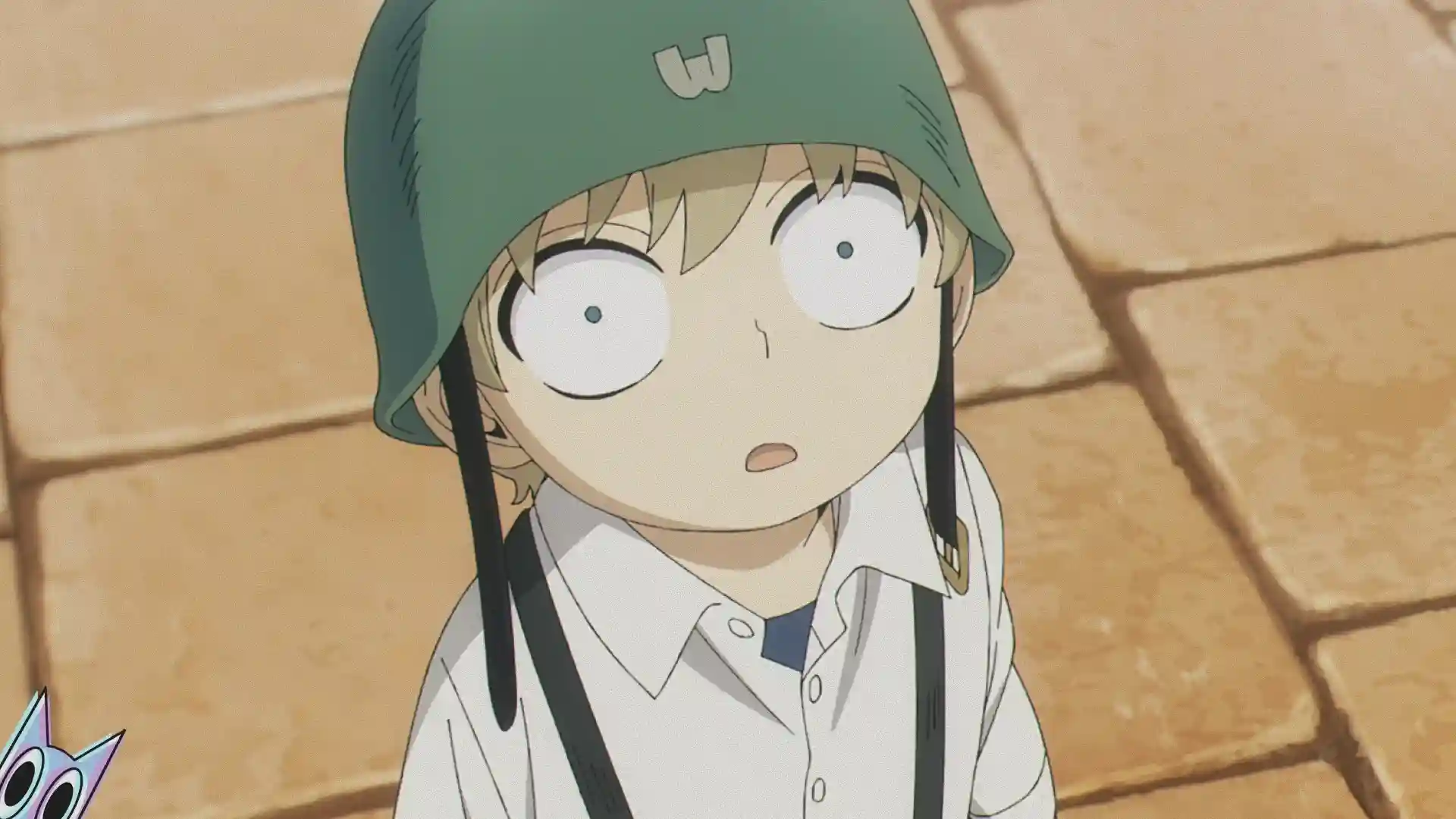 O jovem Loid em meio a uma explosão na guerra, na análise do episódio.