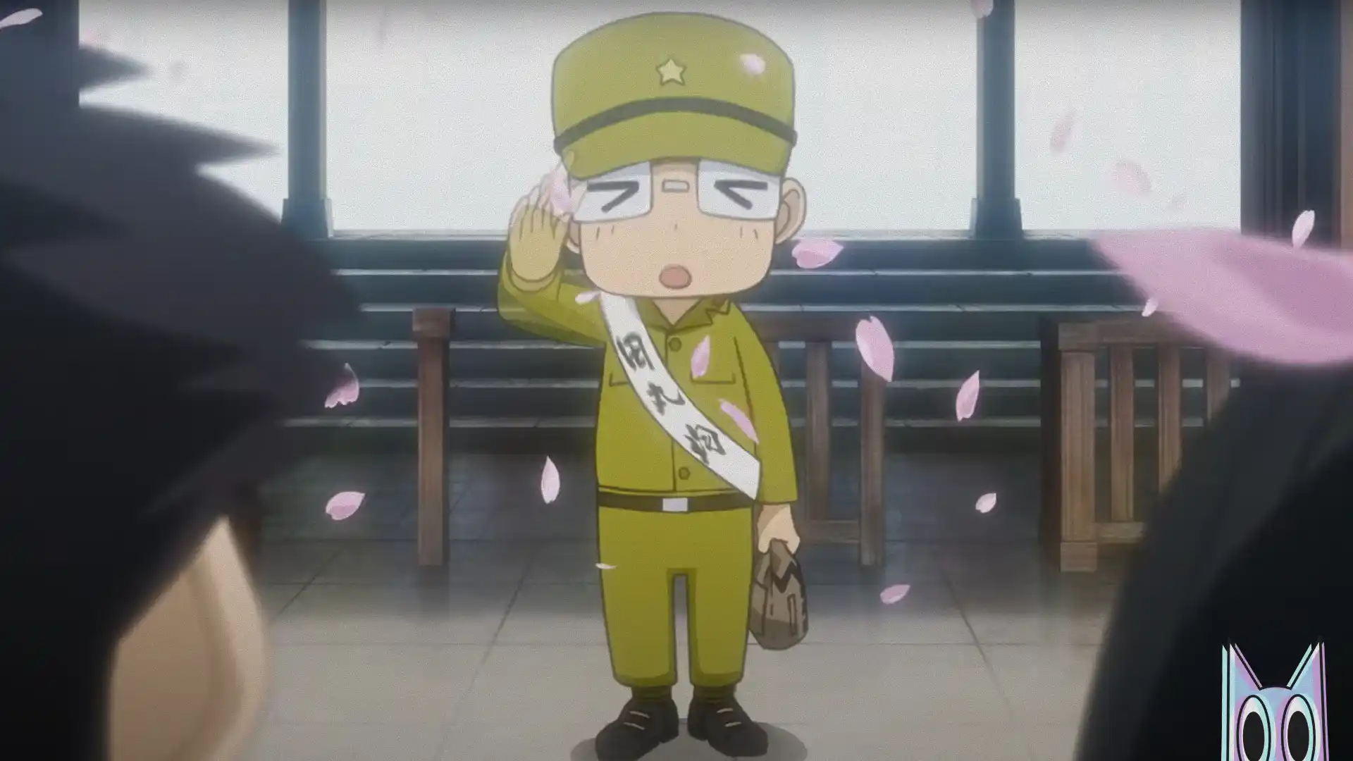 O pôster oficial do filme em anime Peleliu: Guernica of Paradise, mostrando os soldados em meio à batalha.