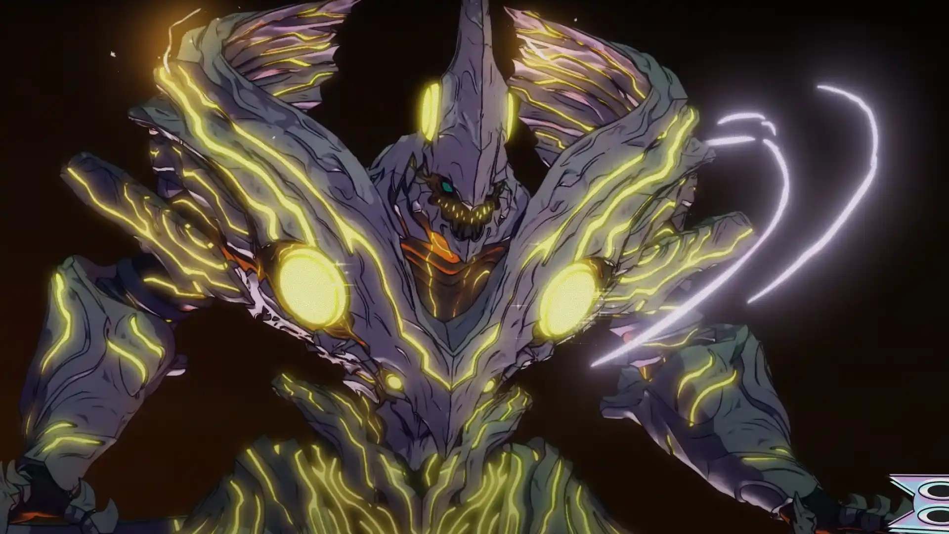 Arte promocional sombria do novo anime original Kaiju Decode, com a silhueta de um monstro.