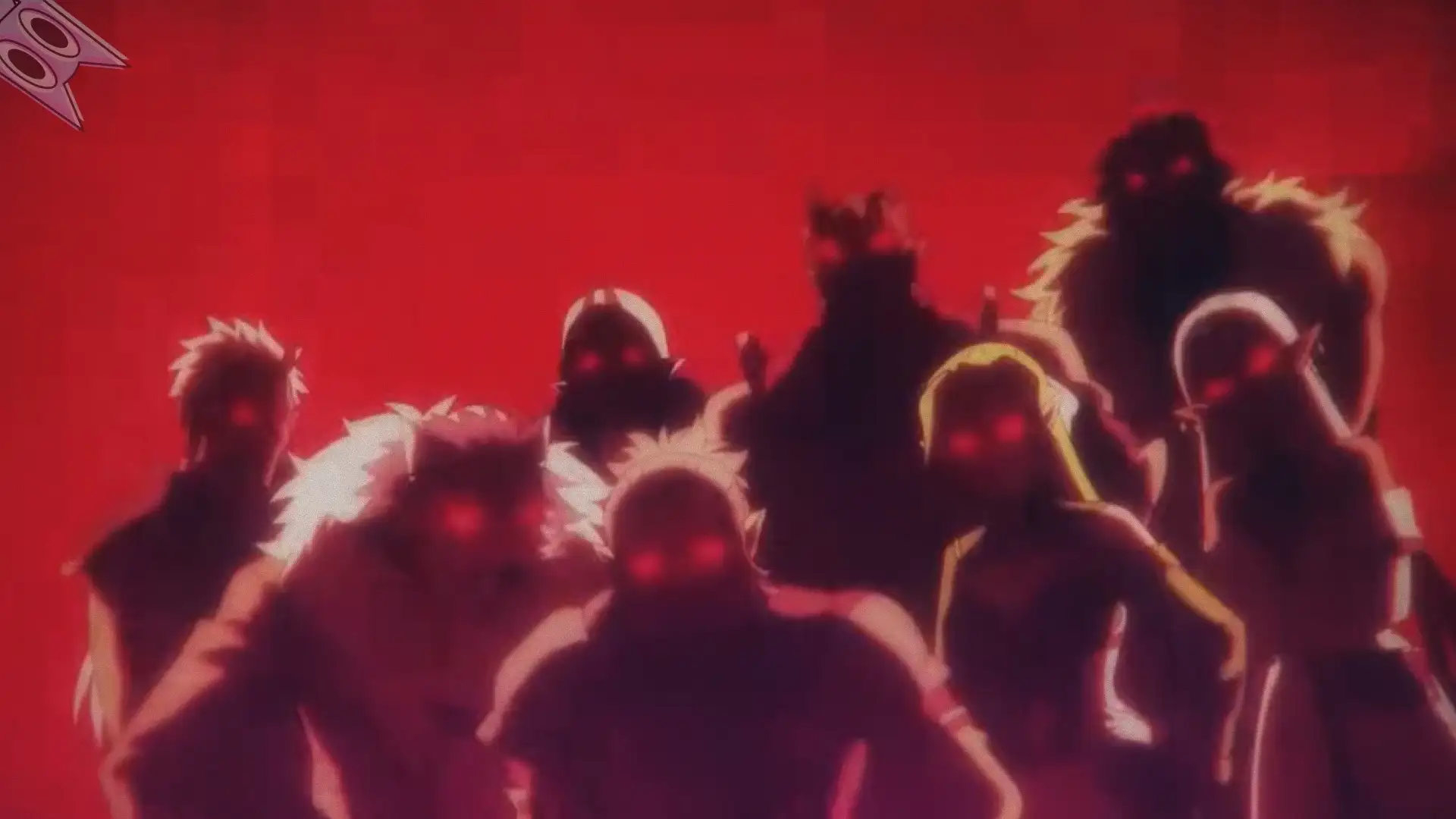 Os membros das 9 raças da série em um fundo vermelho sombrio.