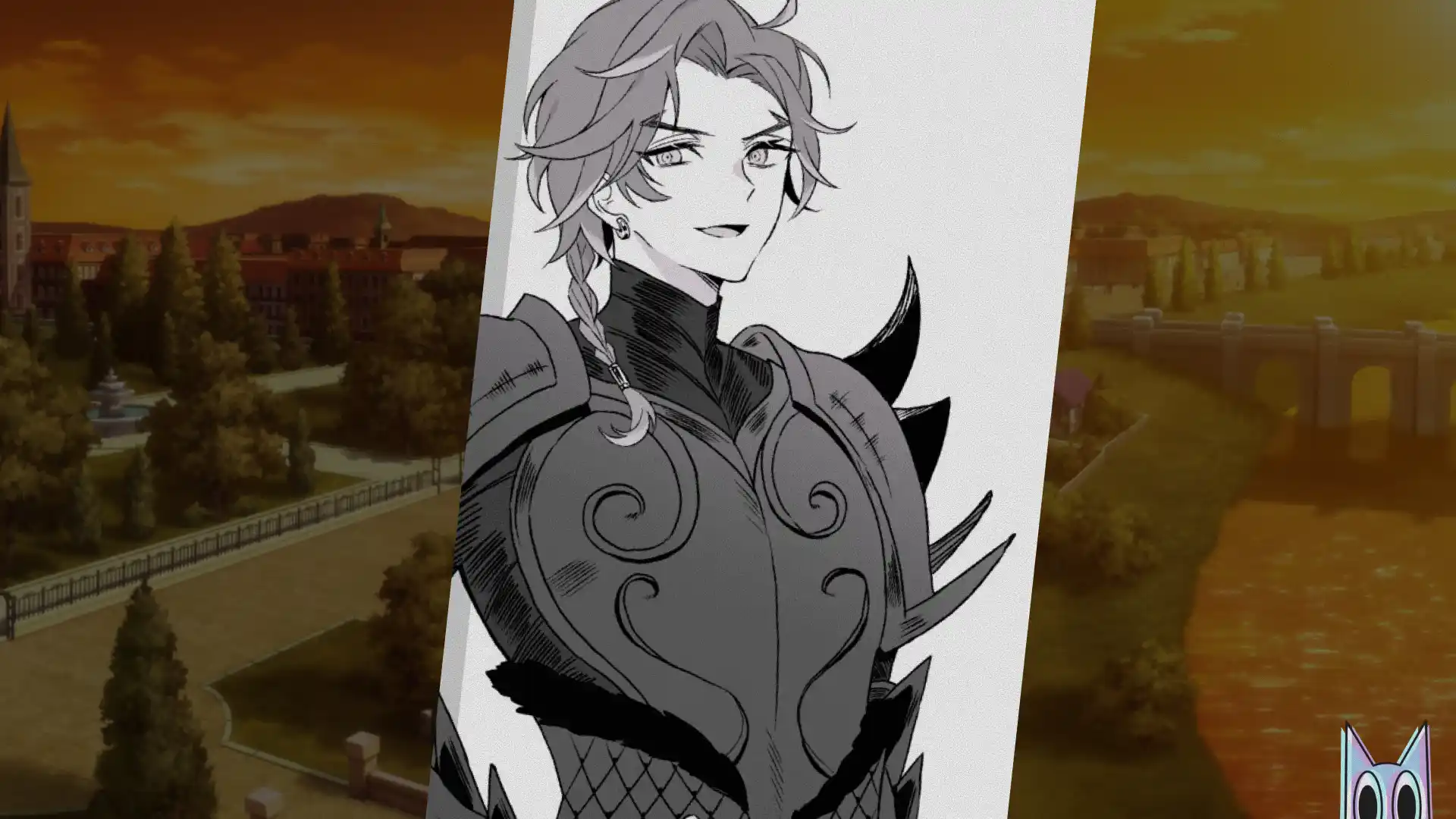 O Príncipe Alflamme com seu dragão Rex, representando o Império Vankish, em um guia de lore de May I Ask for One Final Thing?.