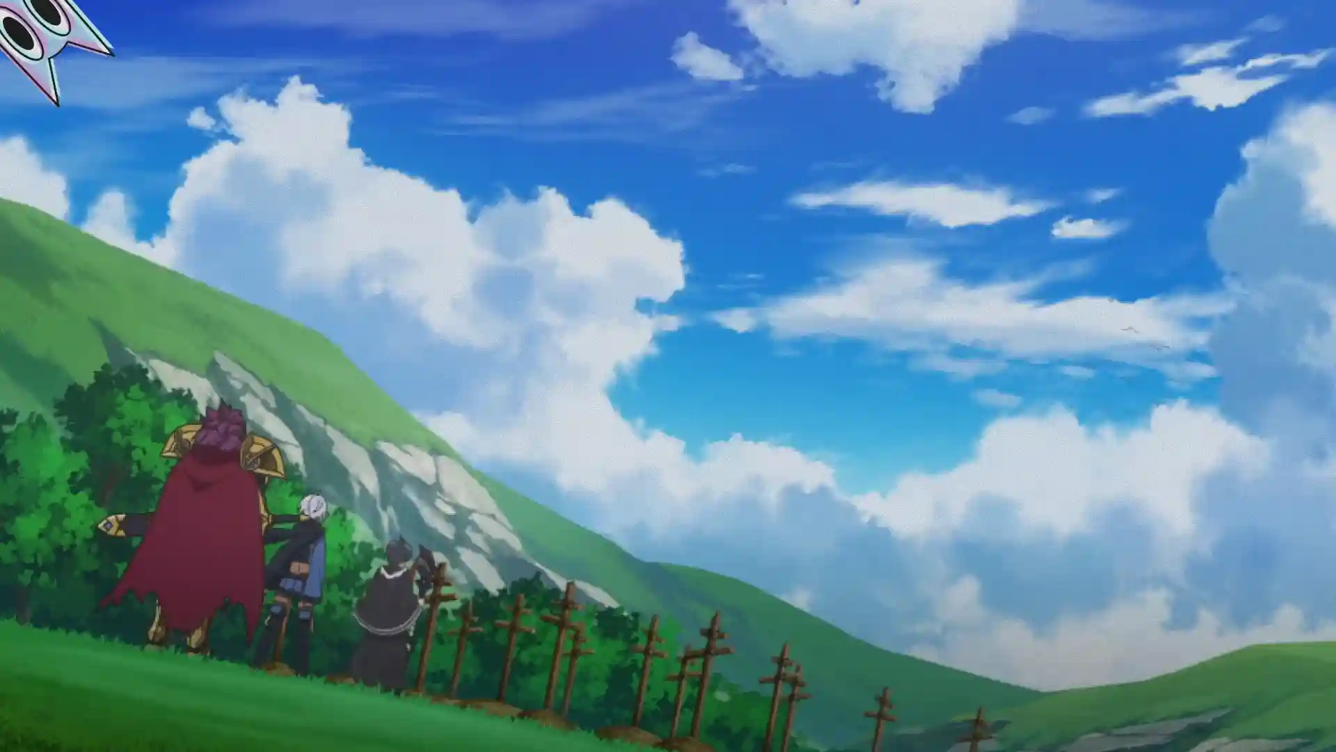 Light diante das ruínas de sua vila natal, com suas novas invocações ao fundo, na análise do episódio 4 de My Gift Lvl 9999 Unlimited Gacha.