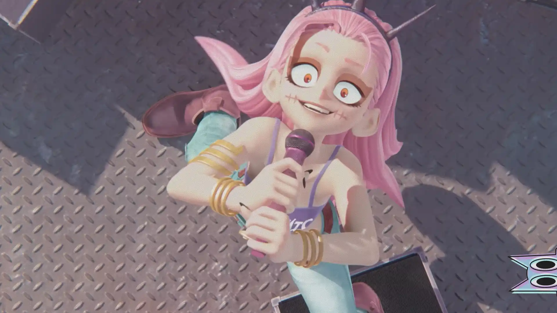 Mori Calliope em uma cena de seu videoclipe "LET'S JUST CRASH", a segunda abertura de Gachiakuta.