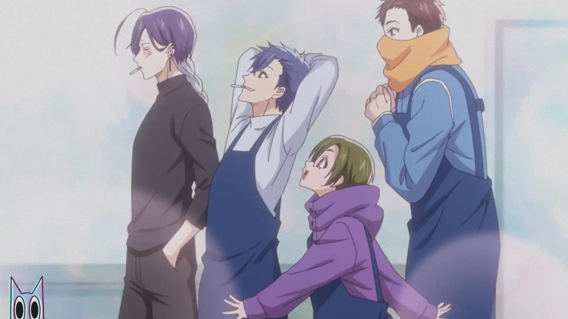 Arte promocional do anime Goumon Baito-kun, mostrando os funcionários da empresa de tortura em um escritório.