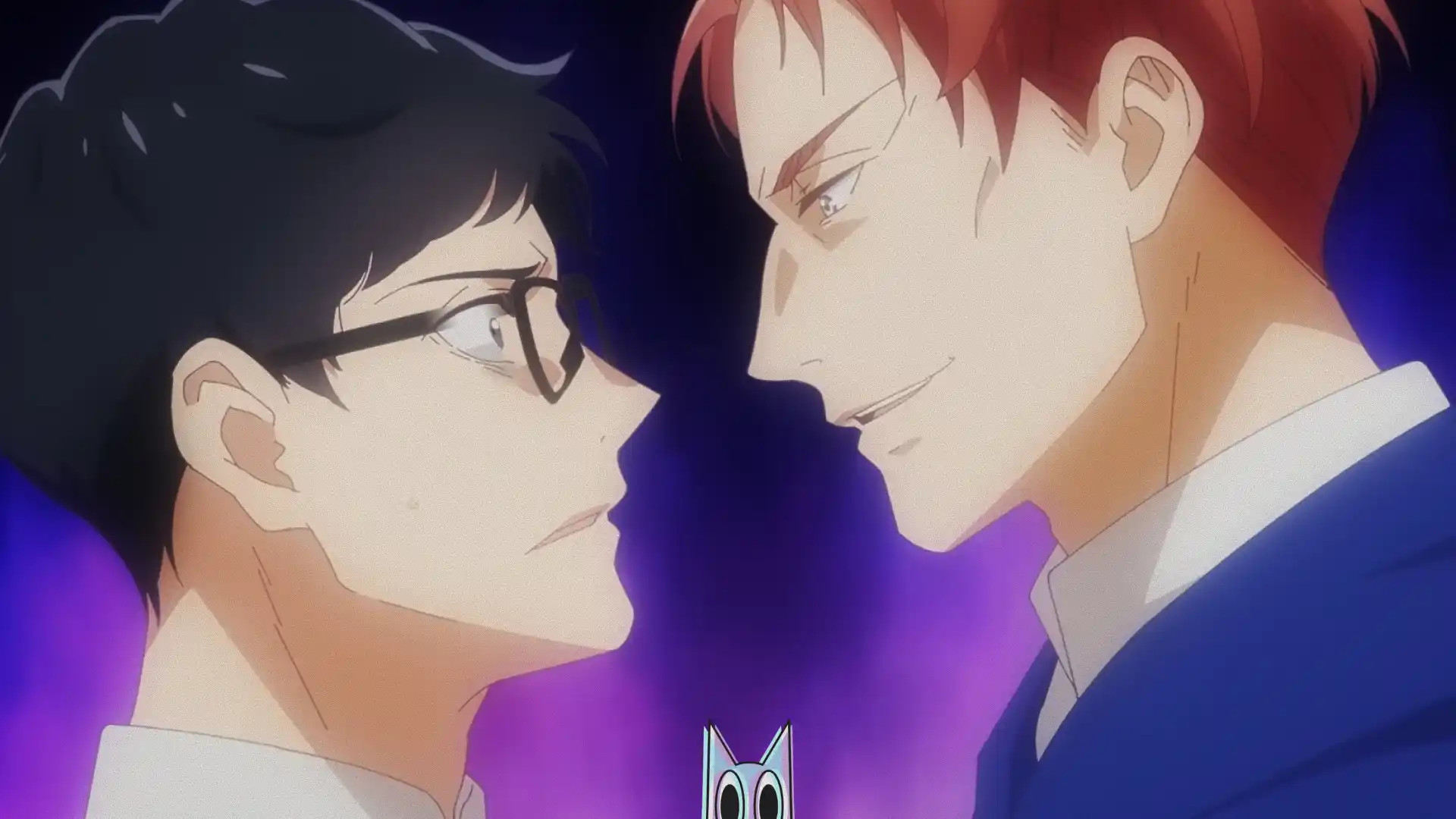 Arte promocional do anime BL Isekai no Sata wa Shachiku Shidai, destacando os dois protagonistas masculinos.