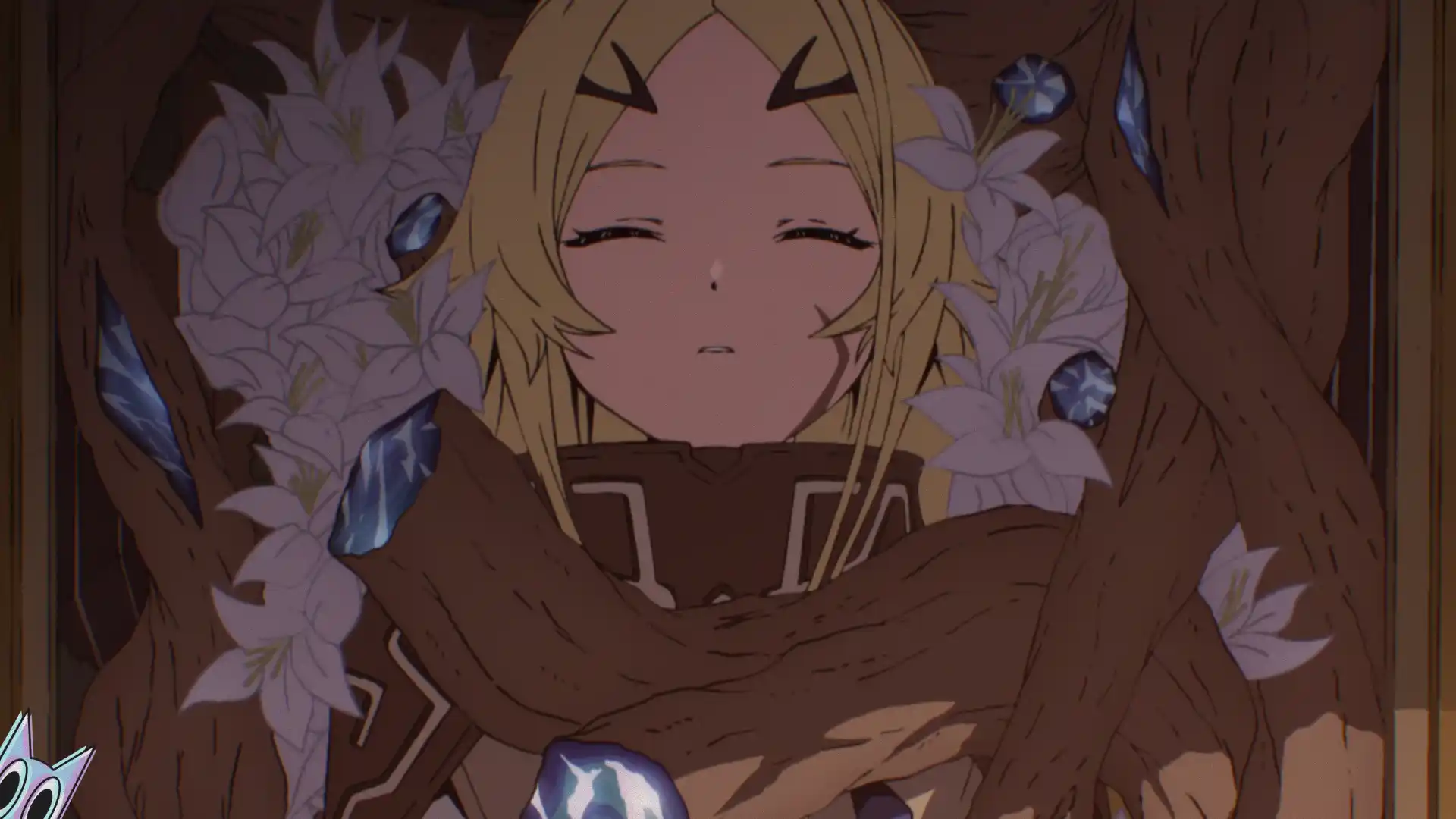 Teoritta, deitada em seu caixão antes de ser acordada.