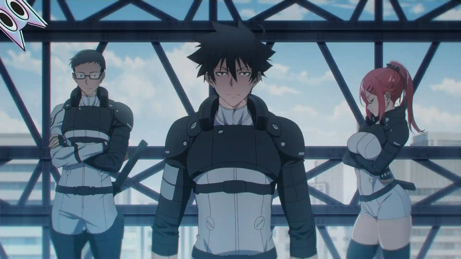 Jiro Azuma, Ichika Kishimojin e Reiji Kirihara prontos para combate, visual oficial do anime Black Torch.