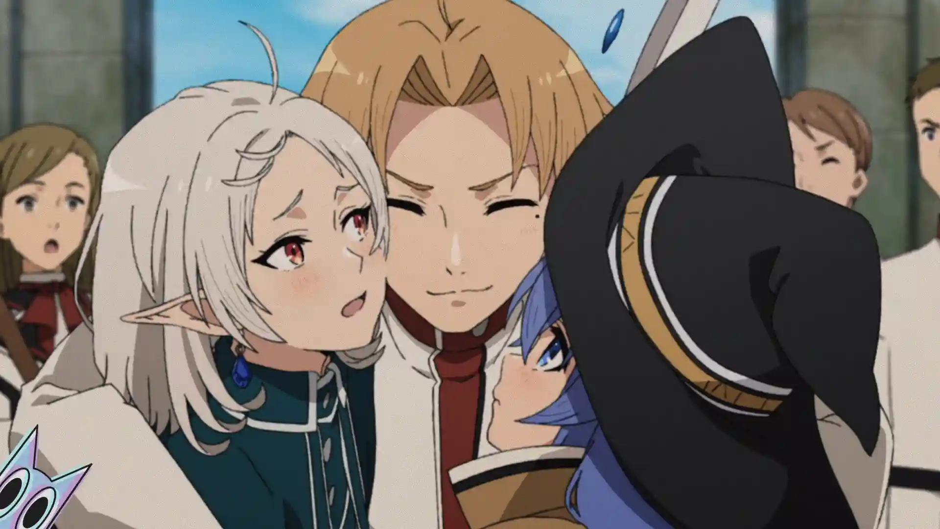 Rudeus, Syphiette e Roxy, juntos indo para a universidade de magia, promovendo a 3ª temporada de Mushoku Tensei.