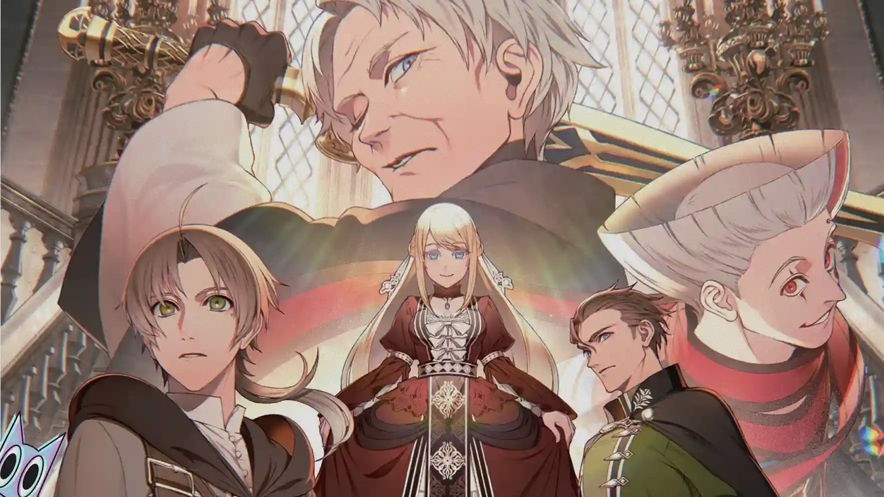 Rudeus, Ariel e Luke no salão real de Asura.