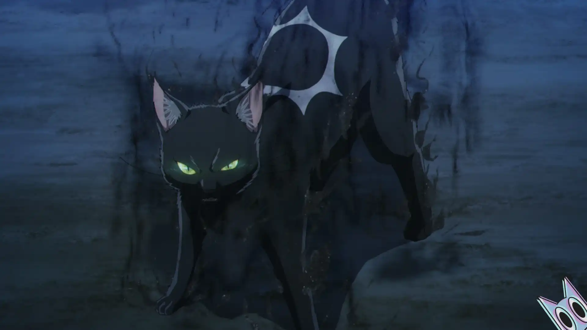 Rago em sua forma de gato preto com a marca de estrela luminosa, exalando uma aura sombria.